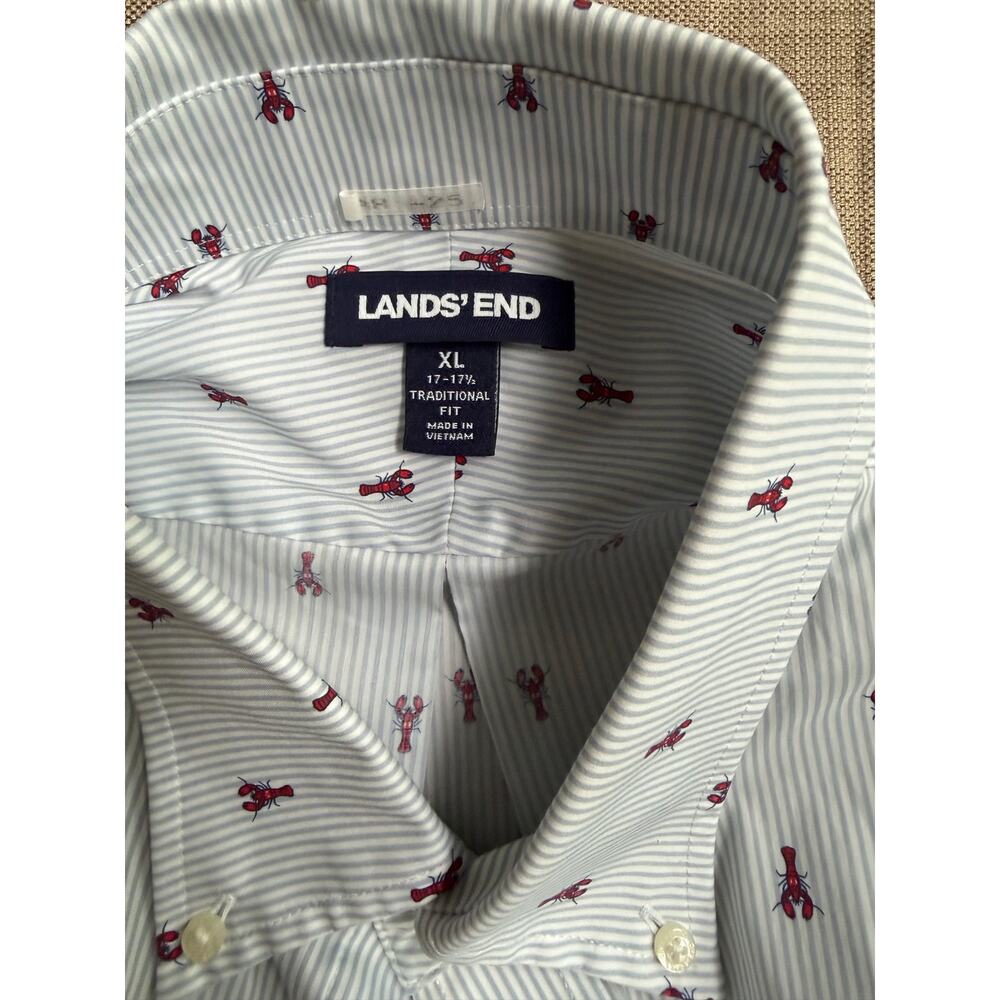 Lands’ End Coastal Lobster Blue White Striped Nautical Short Sleeve Shirt - Picture 2 of 7